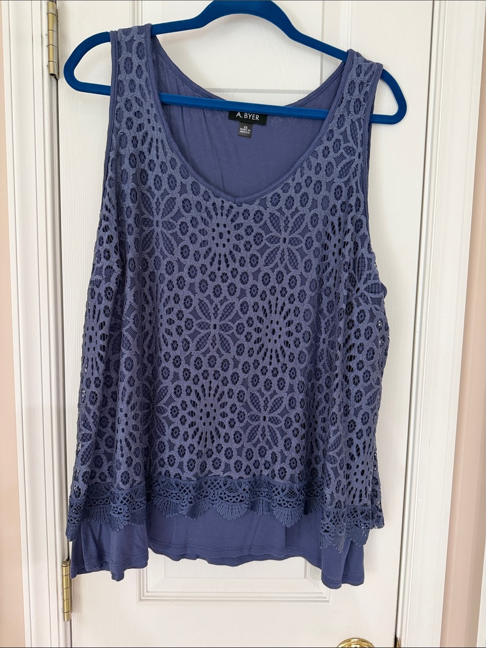 A. Byer Dusty Blue Crochet Overlay Tank, 2X
